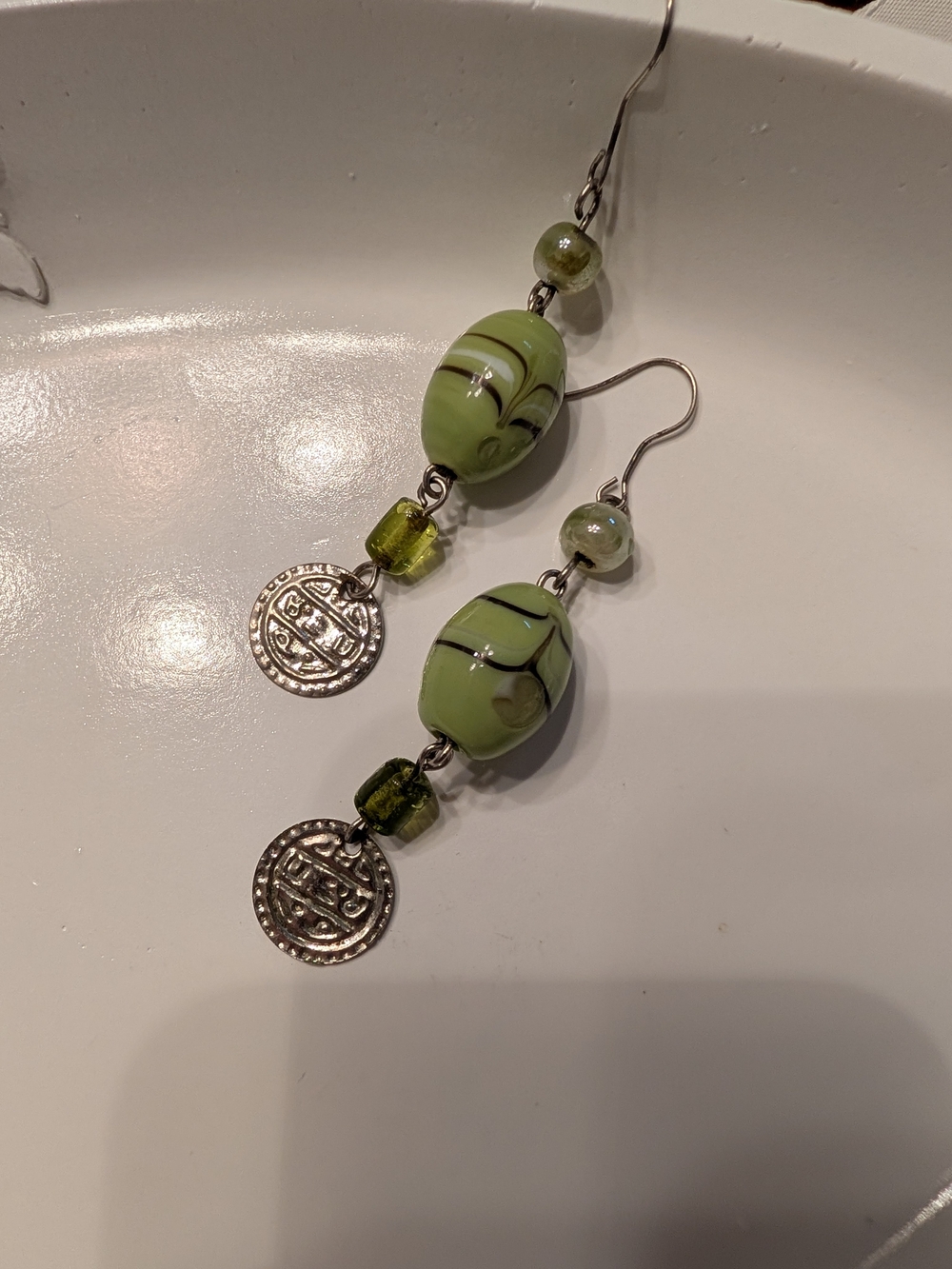 Hand Crafted Lime Green Glass Bead Dangle Earrings with Silver Coin Charms